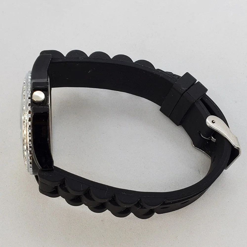 Women's Watch 38MM Black Dial Black Plastic‎ Bands Crystal Bezel New Battery